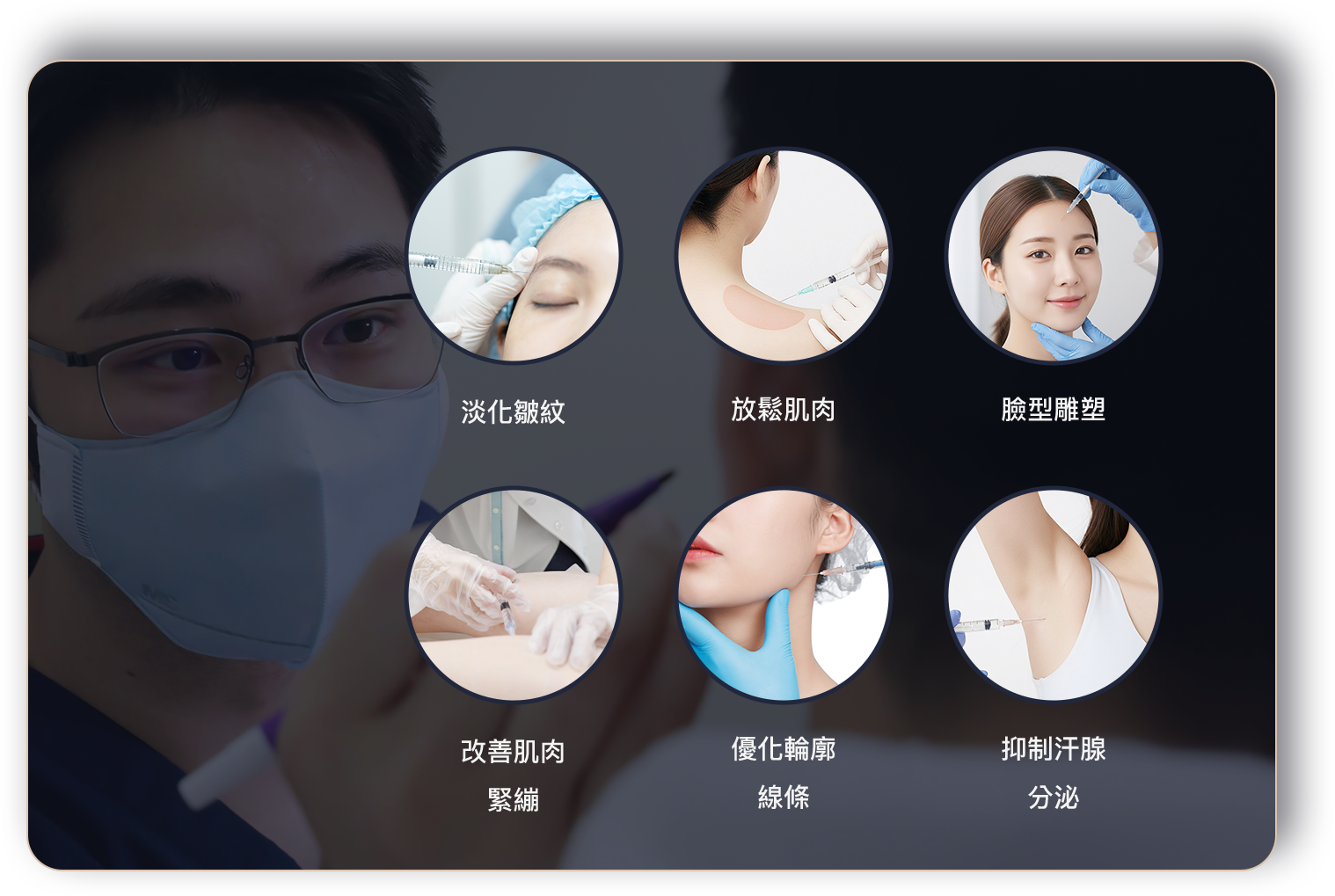 淡化皺紋 放鬆肌肉 臉型雕臉型雕塑 改善肌肉緊繃 視覺上優化輪廓線條 抑制汗腺分泌